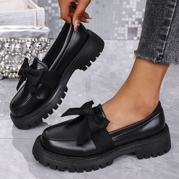 Women's Plus Size Bow Tie Leather Shoes Chunky Heel Retro Low Top Single Footwear For Autumn New Style_vogvips.com