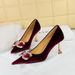 1818-K77 Banquet High Heels Shallow Mouth Pointed Xishi Suede Water Diamond Buckle Bow Single Shoes Women's_vogvips.com