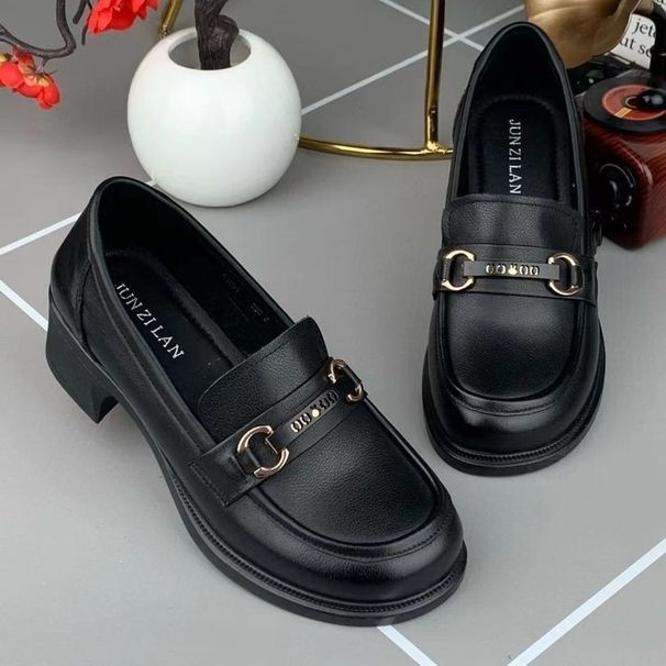 Versatile Leather British Style Loafers 2025 Autumn New Model For Mothers, Soft Sole Mid-Heel Women's Shoes_vogvips.com