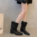 Mid-Calf For Women, Black Hot Girl Pointed Toe Studded Slip-On Boo, Fashionable Slimming Chunky Heel V-Cut Western_vogvips.com