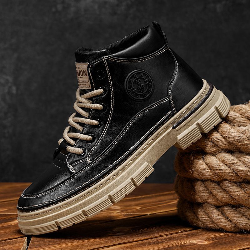 Men's Classic Retro Leather Ankle Boots With Round Toe, Anti-Slip Rubber Sole, Water-Resistant & Comfortable For Casual Wear_vogvips.com