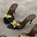 Women Black Genuine Leather Gold Metal Flower Open Toe Shallow Slip On Stiletto Heel Slide Slippers Sandals_vogvips.com
