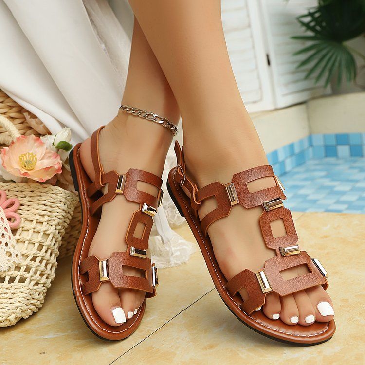 Large Size Women's Flat Hollow With Belt Buckle, In Stock, European And American Fashion, Versatile For Outdoor Wear,_vogvips.com
