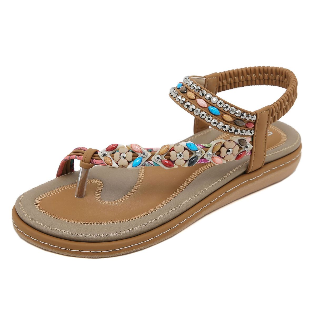 W676-3 New Summer 2025 With Rhinestones Comfortable Casual Beach Round Toe Flat Sandals_vogvips.com