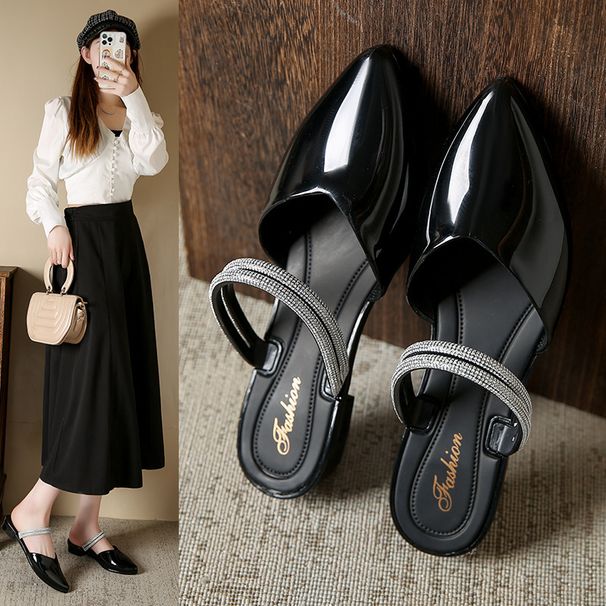 French Style Pointed Toe Mules Summer 2025 New Fashionable Shiny Flat Sandals For Women_vogvips.com