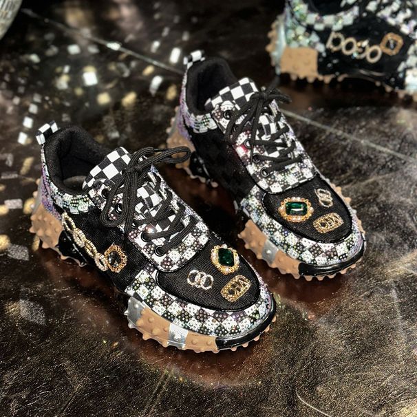 Running Luxury Women's Shoes Spring Casual New Thick Soled Rhinestone Leather Sneakers Designer Platform Sneaker High_vogvips.com