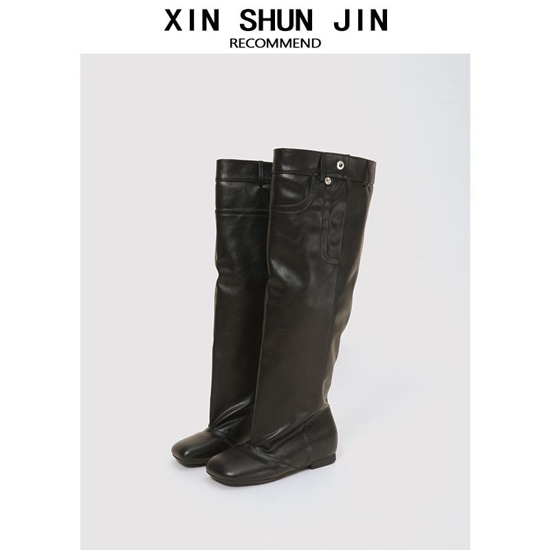 Women's Style Pleated Slimming Slouch Boots Above The Knee Slip-On Fashion Autumn Leg Boots Runway_vogvips.com