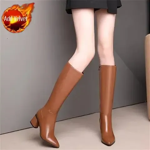 Winter Long Shoes Woman For Knee High Shaft Footwear Leather Womens Boots Fur Brown Pointed Toe Chic And Elegant Fashion_vogvips.com