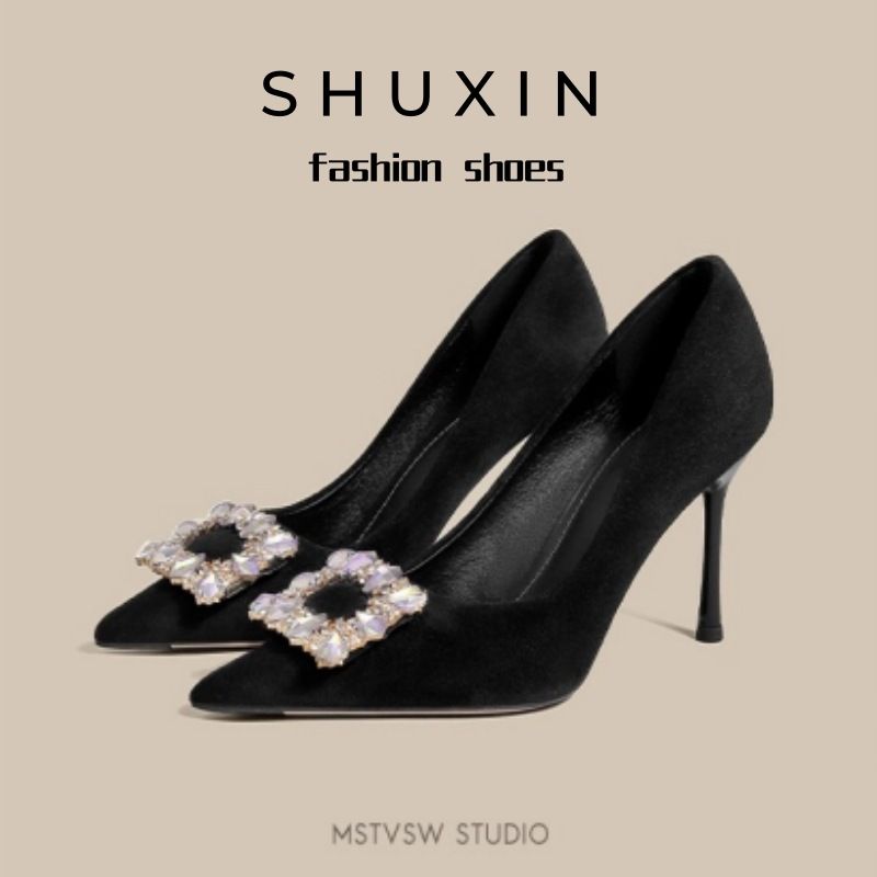 Women's Shoes Autumn New Style Black Stiletto Heels With Rhinestones, Elegant French Pointed Toe Single Shoes_vogvips.com