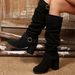 Women's European American Style Double Buckle High Heeled Fashion Boots Winter New Chunky Suede Tall Round Toe Plus Size_vogvips.com