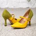 Women's Bright Yellow & Green Colorblock Pointed Toe Mary Jane Stiletto Pumps, Office Party Dress Heels_vogvips.com