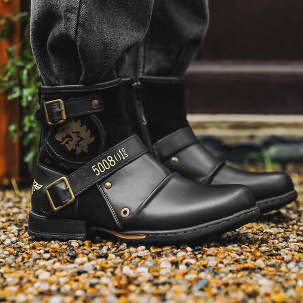 Vintage Metal Buckle Side-Zip Work Boots For Men - Retro Casual Ankle Boots With Anti-Slip Sole & Breathable Lining (Black, Tan, Brown)_vogvips.com