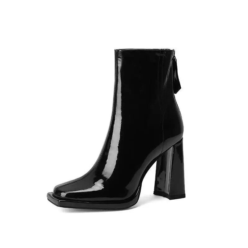WOMEN ANKLE BOOTS Winter Square Toe Retro Thick Short Women's Single After Zipper High Heel Nude Boots_vogvips.com