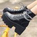 Women's Punk Style Chunky Heel Ankle Boots With Metal Chains, Waterproof & Slip-Resistant, Round Toe Platform Boots Patent Leather_vogvips.com
