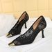 321-8 European And American Style Party Shallow Shoes With Metallic Square Toe, Mesh Women's Shoes, Thin Heel, Elegant_vogvips.com
