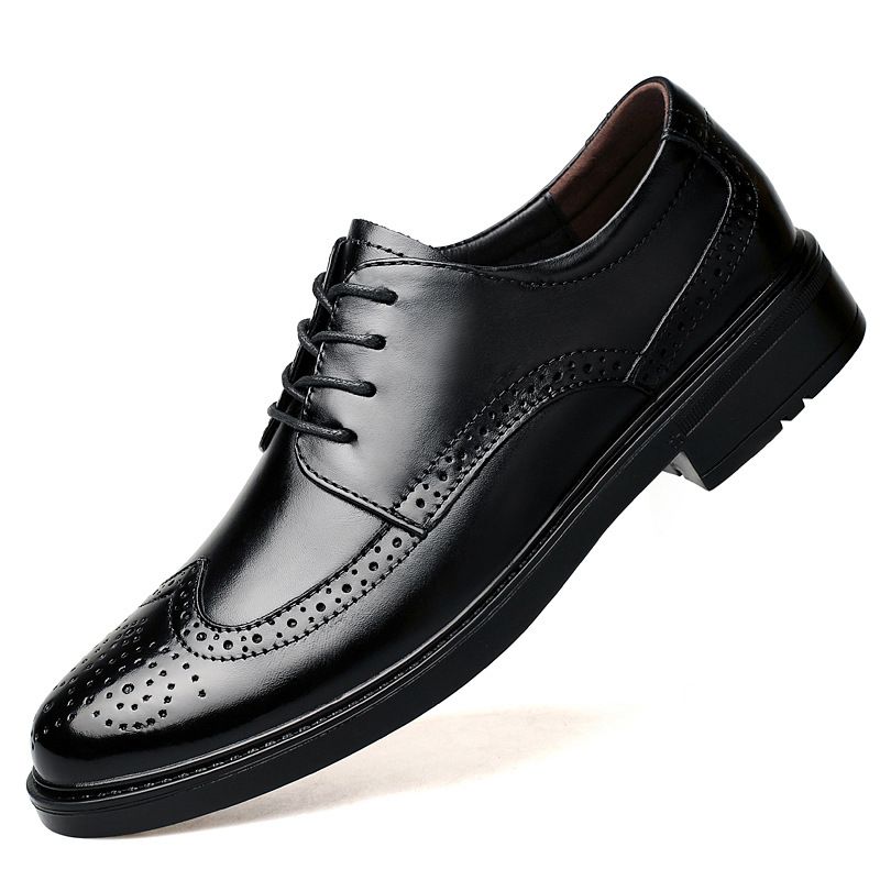 Euro Step British Style Round Brogue Carved Korean Version Trendy Business Casual Leather Large Toe Heightening Thick Sole Men's_vogvips.com