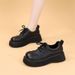 British Round Head Leather Shoes Platform-soled Heightened Lace-up Loafers Small Single Shoes_vogvips.com