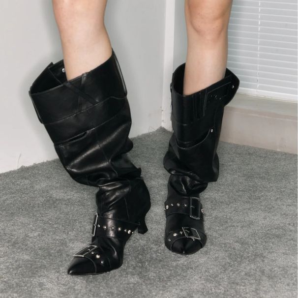 Women's Shoes Pointed Metal Buckle Large Barrel Heap Boots Retro Western Cowboy Boots Small High Heel Knight Boots Hot Girl Long Boots Women_vogvips.com