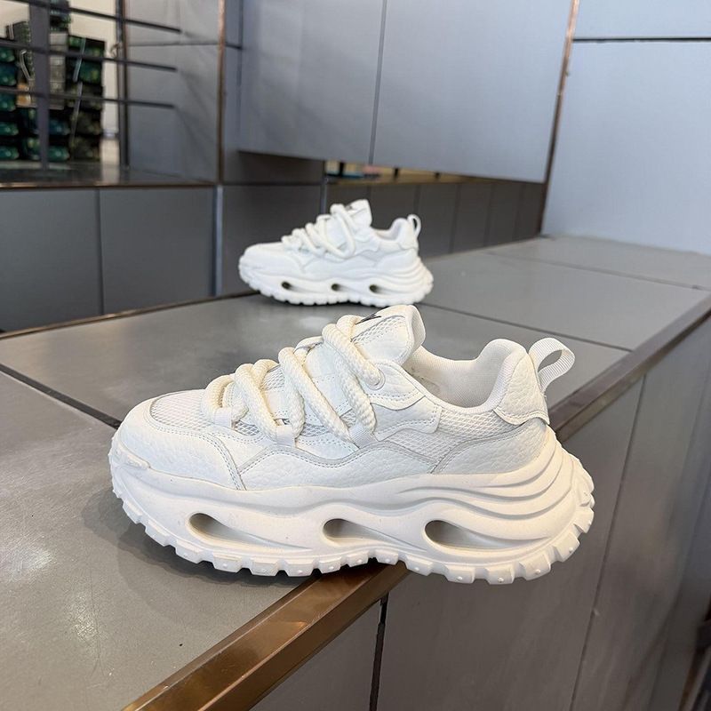 Men White Gray Color Block Dad Shoes Hollow Out Wave Sole Thick Rope Lace Casual Sneakers_vogvips.com