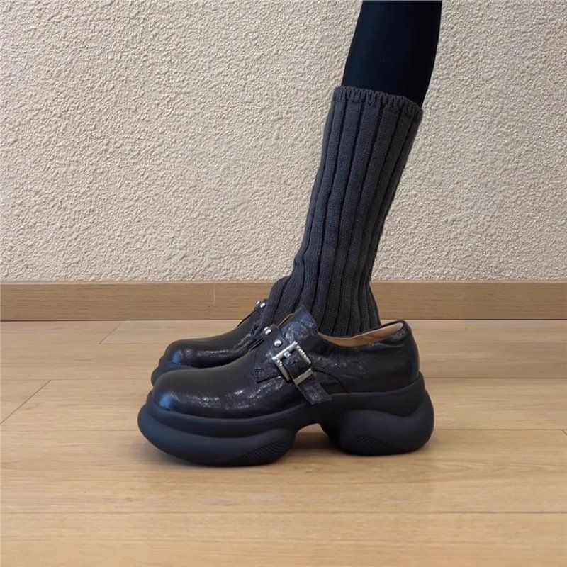 Women's Shoes 6cm Buckle Round Toe Comfortable Platform Leather Shoes Retro Style Everyday Deep Cut Versatile Casual Shoes_vogvips.com