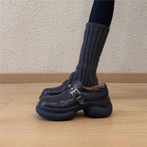 Women's Shoes 6cm Buckle Round Toe Comfortable Platform Leather Shoes Retro Style Everyday Deep Cut Versatile Casual Shoes_vogvips.com