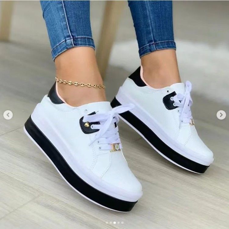 Summer Platform Shoes For Women Round Toe Lace-Up Casual Sports Single Shoes Plus Size Black And White Two Tone All Season_vogvips.com