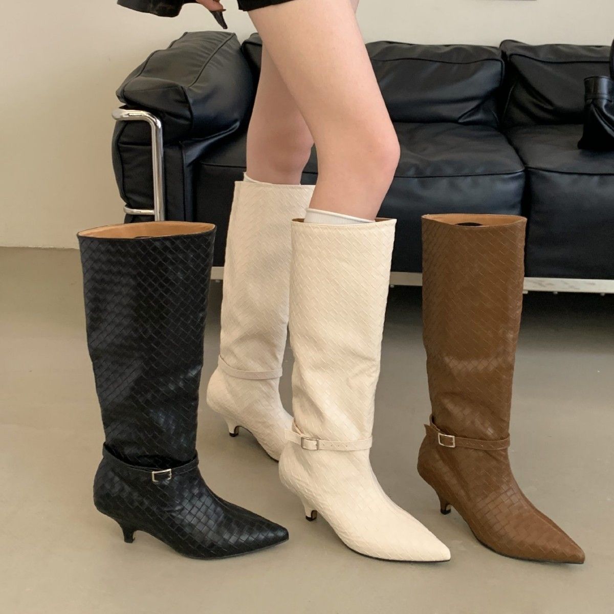 Autumn Winter New Style Woven Pointed Toe Thin Tube Over-the-Knee Long Fashion Versatile High Heel Short Boots For Women_vogvips.com