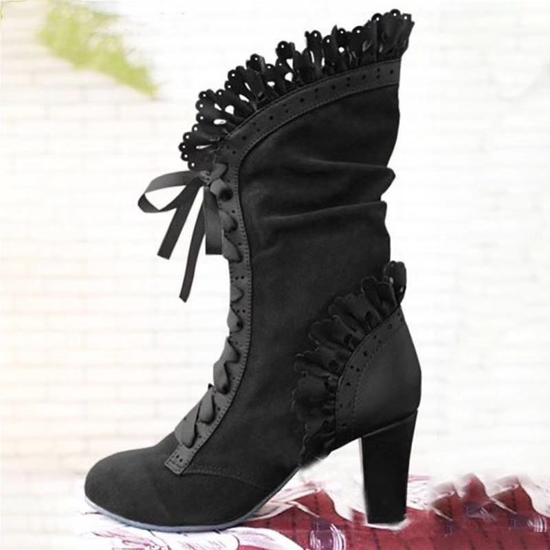 Women's Plus Size High Heeled Fashion Boots Mid Calf Lace Up European American Style Shoes_vogvips.com
