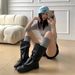 Cowhide Version~5cm Hidden Heel Design Sense Ballet Bow Mid-Calf For Women With Belt Buckle Square Toe Elegant Slouch_vogvips.com