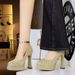 8325 European And American Style Single-strap High-heeled Shoes, Ultra-high Thick Heel, Sequined Shallow Round Toe,_vogvips.com