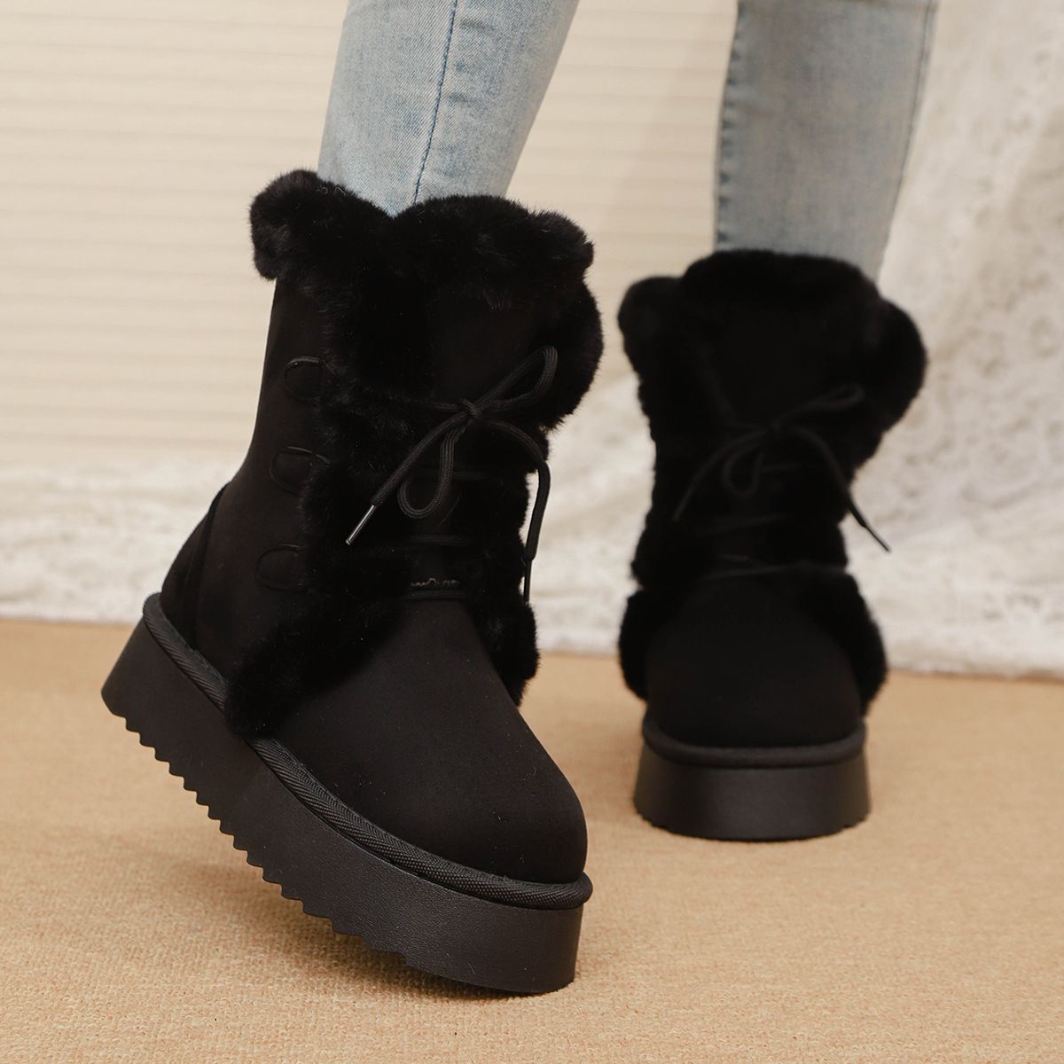 Fashion Khaki Platform Versatile Tall Snow Boots Women's 2025 Autumn And Winter New Warm And Heightening Snow Boots Cotton Shoes_vogvips.com