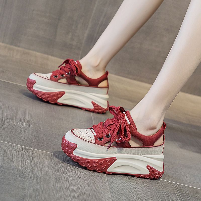Dad Shoes Leather Surface Hollow Women's Retro Lightweight Inner Height Increase Casual Sports Shoes Platform Sandals_vogvips.com