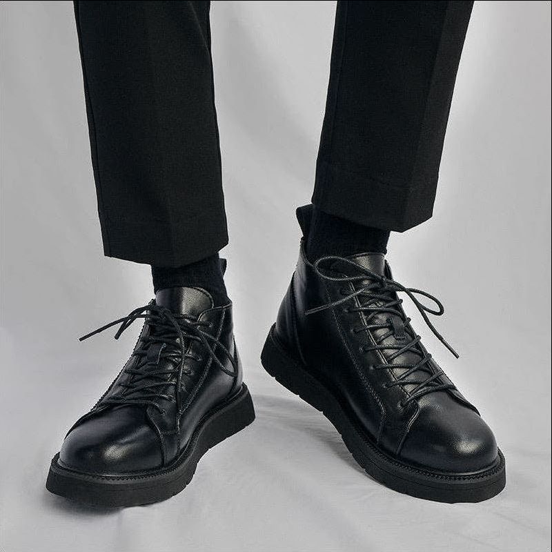 European Warm Series Autumn Black High-top Martin Boots For Men Stylish British Motorcycle Ins Leather Mid-top Workwear Trendy Shoes_vogvips.com