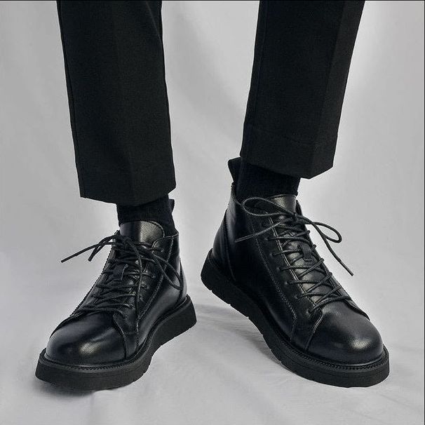 European Warm Series Autumn Black High-top Martin Boots For Men Stylish British Motorcycle Ins Leather Mid-top Workwear Trendy Shoes_vogvips.com