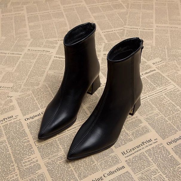 2024 High-End Short Boots For Women, Spring Single French Style Chunky Heel Slim Martin Boots, Pointed Toe High Heels,_vogvips.com