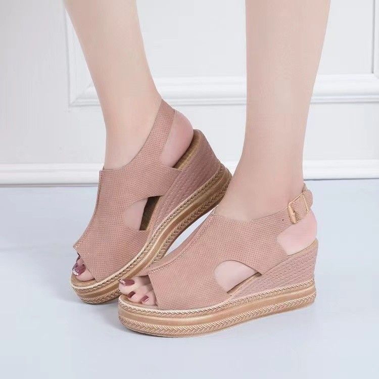 Summer Fish Mouth Large Size Wedge Heel Open Toe Buckle Strap Roman Style High Heel Sandals_vogvips.com