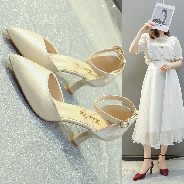 Apricot-colored High-heeled Shoes Women, 2026 New Spring-summer French Style, Small-heeled Hollow Single Shoes, Soft_vogvips.com