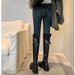 Sheii Su Yinyin Annual Combat ~ Round Toe Wrinkled Thick Heel Mid-Calf Women's Riding Boots_vogvips.com