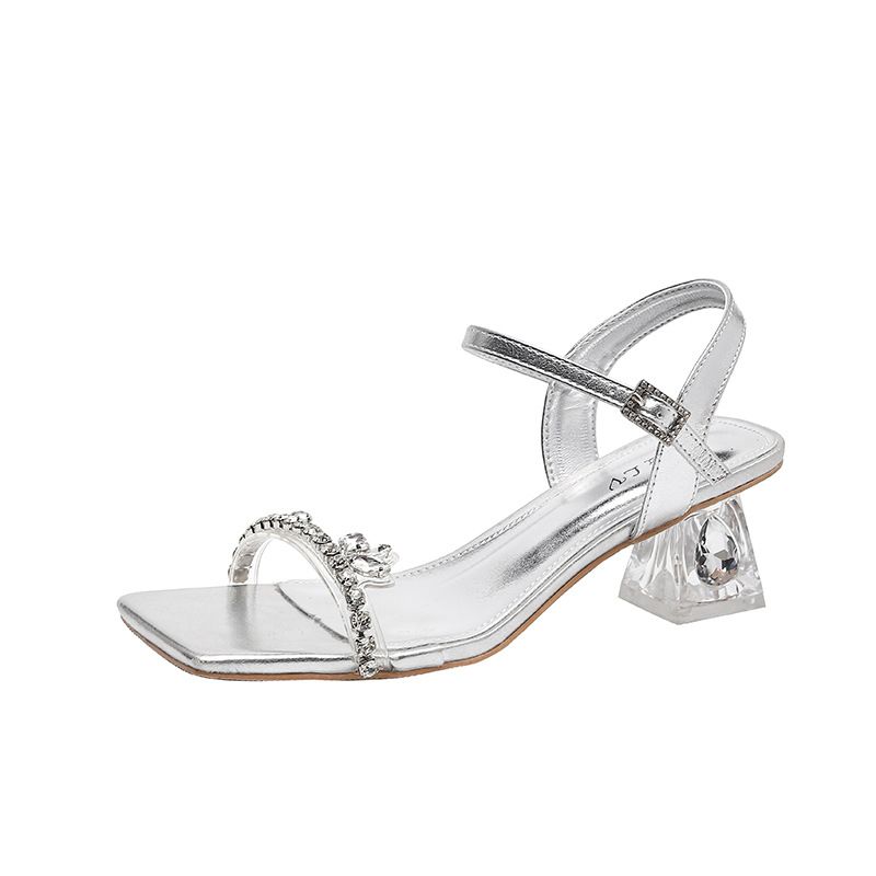 Silver Crystal Sandals For Women 2024 Summer Dress Fairy Style Square Toe Chunky Heel One Strap Outdoor High Heels_vogvips.com