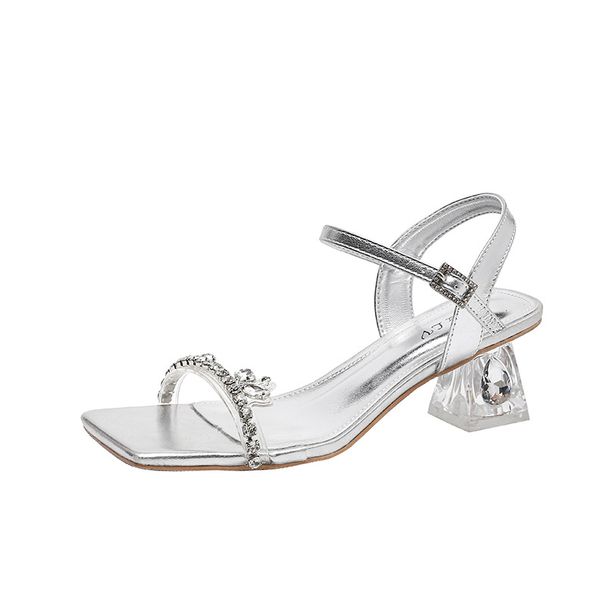 Silver Crystal Sandals For Women 2024 Summer Dress Fairy Style Square Toe Chunky Heel One Strap Outdoor High Heels_vogvips.com