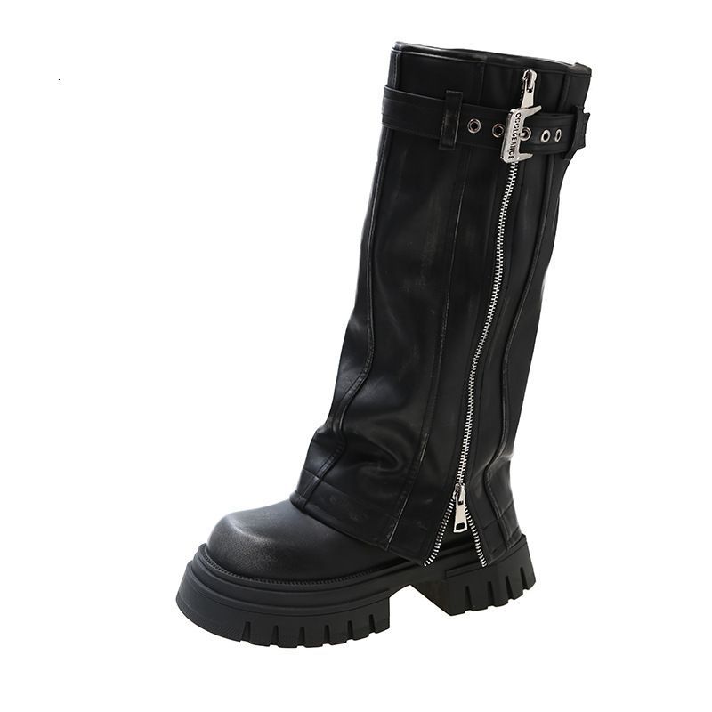 Womens Retro Distressed Leather Knee High Boots With Buckle Strap And Side Zipper Chunky Platform Heel For Edgy_vogvips.com