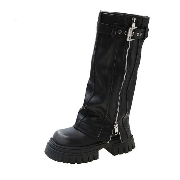 Womens Retro Distressed Leather Knee High Boots With Buckle Strap And Side Zipper Chunky Platform Heel For Edgy_vogvips.com
