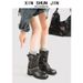 Women's Western Cowboy Boots With Studs & Buckles - Stacked Foldable Shaft Vintage Punk Rock Ankle Booties - Black & Tan Suede Leather Mid Heel Boots_vogvips.com