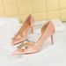 Party Pumps 7cm Thin High Heels Western Style Velvet Shallow Pointed Toe Side Hollow Crystal Pearl Bow Lady Shoes Pink_vogvips.com
