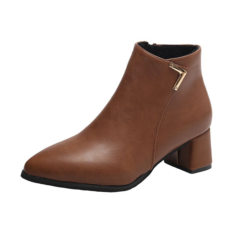 Women's Pointed Toe Ankle Boots Plus Size British Style Mid Heel Cross Zipper Chunky Martin Boots Solid Black Over-the-Ankle PU Suede_vogvips.com