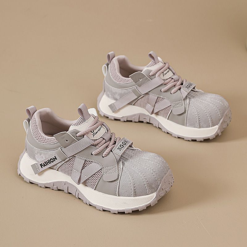 Women's Shell-Toe Dad Sneakers Chunky Cross Strap Retro Comfort Platform Shoes White Grey Mauve Casual Outdoor_vogvips.com