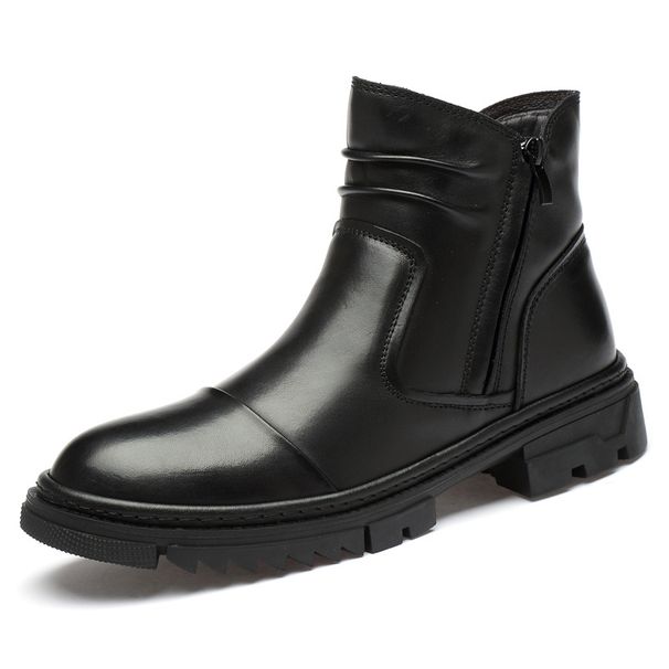 Casual Boots Leather Splicing Round Head Side Zipper High Top Men's Boots Rubber Non-slip Single Shoes_vogvips.com
