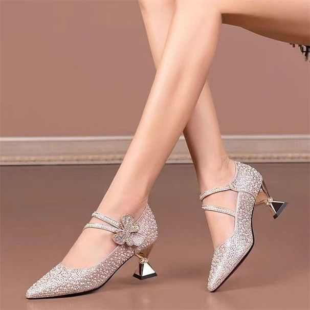 2026 Spring New Elegant Women's Low-Heel Shoes With Sparkling Rhinestone Bow, Mid-Heel Single Shoes, Fashionable_vogvips.com