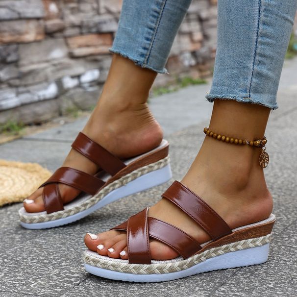 Summer Women's Fabric Wedge Sandals European American Style Rope Sole Cross Strap Sandals_vogvips.com