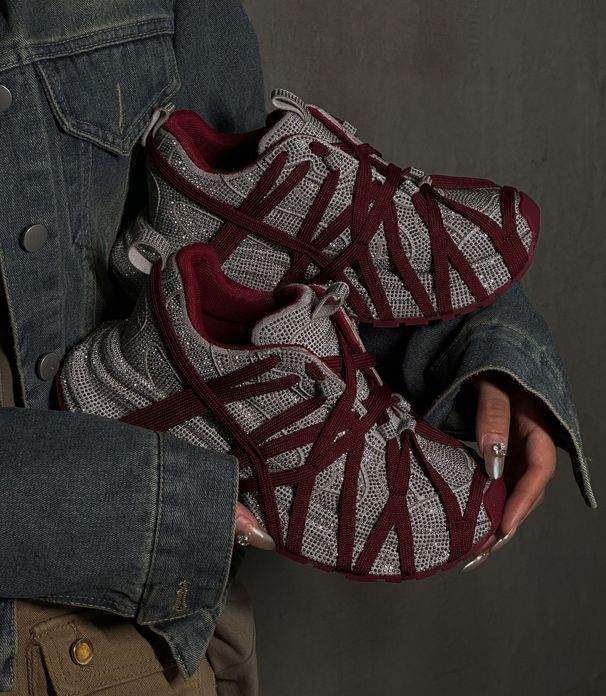 Women's Chunky Sole Platform Sneakers With Rhinestone Spider Web Strap Design, Fashionable Casual Shoes For Daily Wear Trendy Casual_vogvips.com